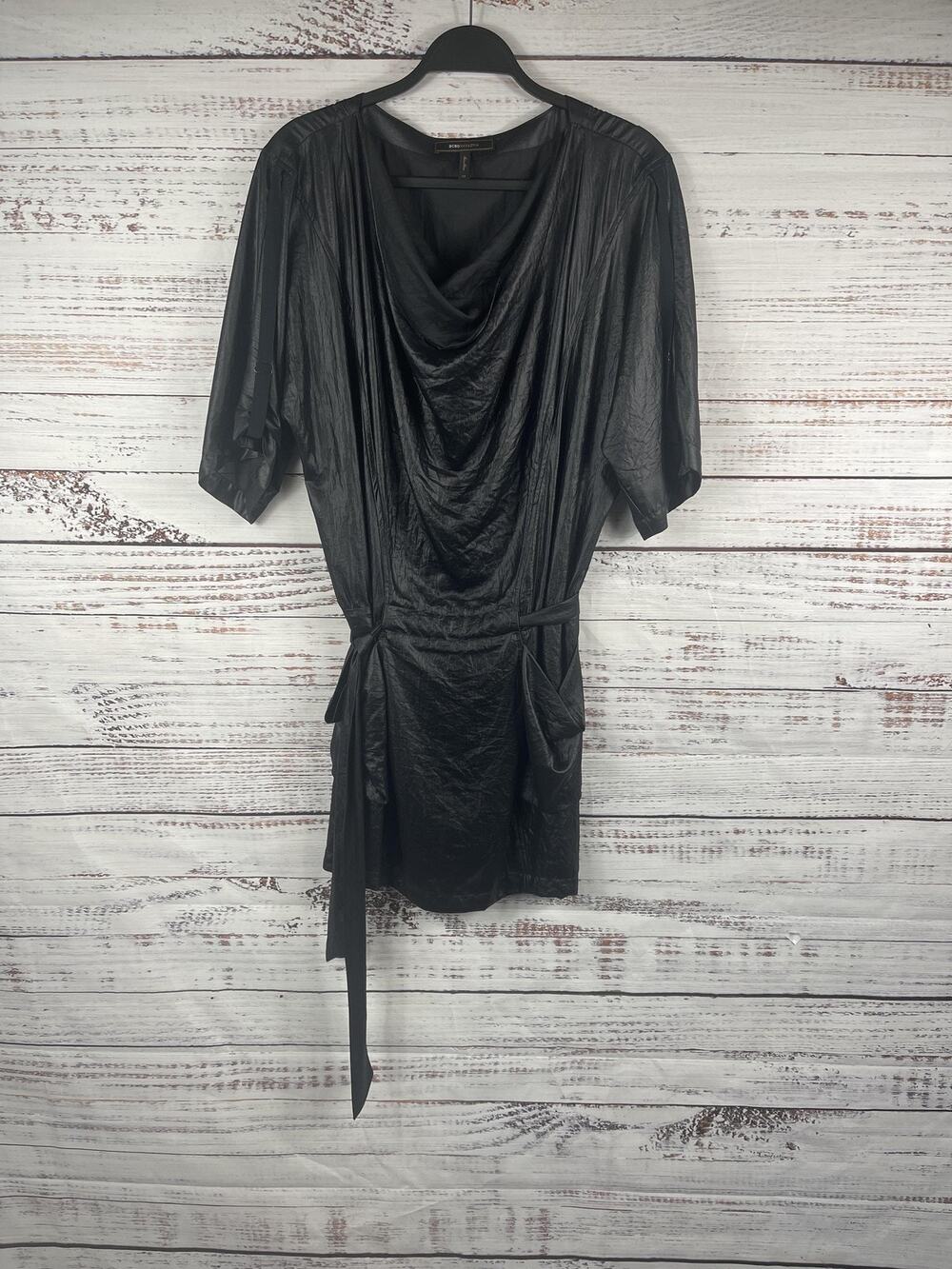 BCBGMAXAZRIA Dress Women's XS Black Satin Cowl Neck Belted Shift Cocktail Party